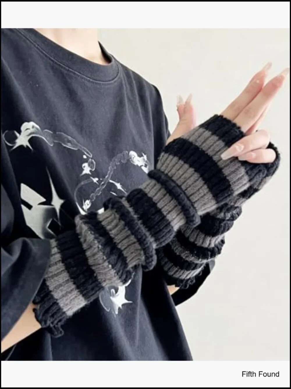 Punk Striped Knit Fingerless Arm Warmers with Thumb Hole Goth Y2k Cosplay Gloves
